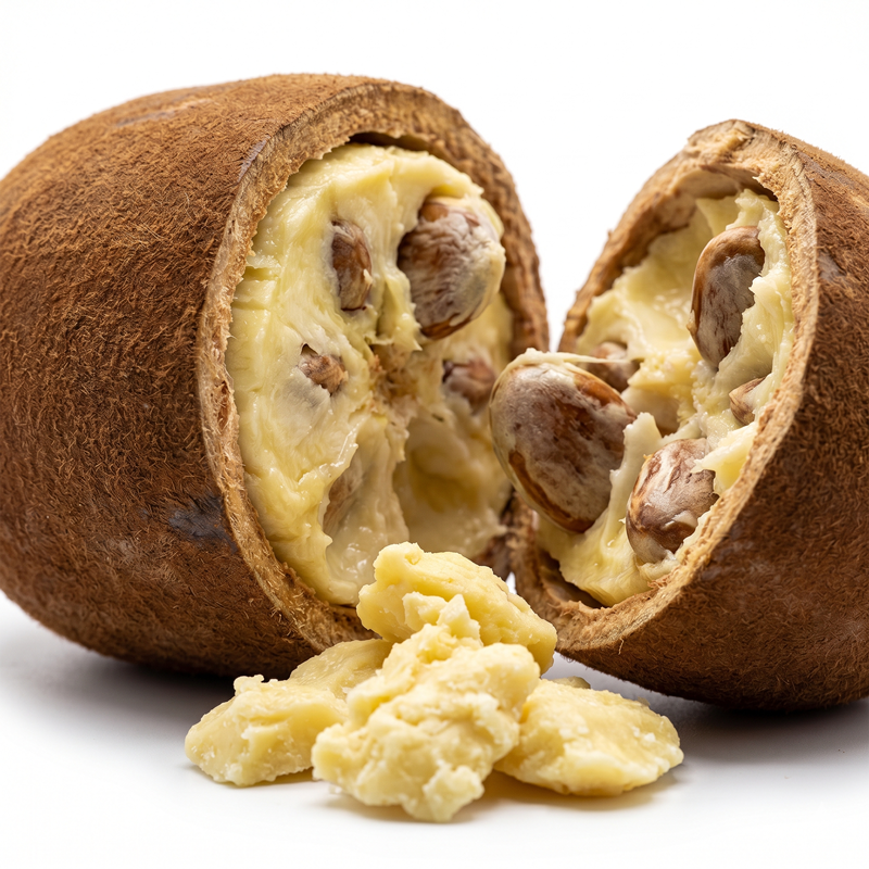 Two halves of a cupuaçu fruit with a scoop of the butter taken out on a white background